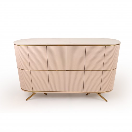 Beige Buffet Cabinet with Wooden Frame Top and Stainless Steel Base and Gold Parts - 150 cm