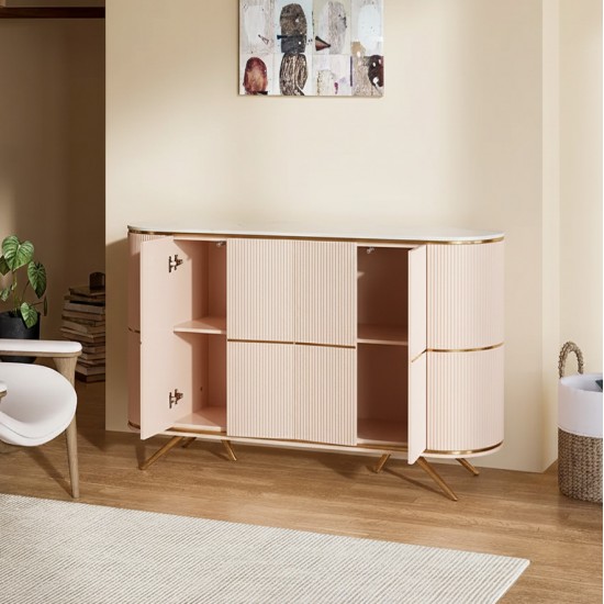 Beige Buffet Cabinet with Wooden Frame Top and Stainless Steel Base and Gold Parts - 150 cm