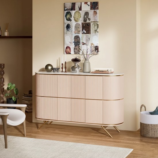 Beige Buffet Cabinet with Wooden Frame Top and Stainless Steel Base and Gold Parts - 150 cm