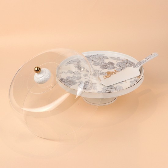Cake stand with ceramic spoon featuring decorative designs and a silver finish, 11.5 inches in size