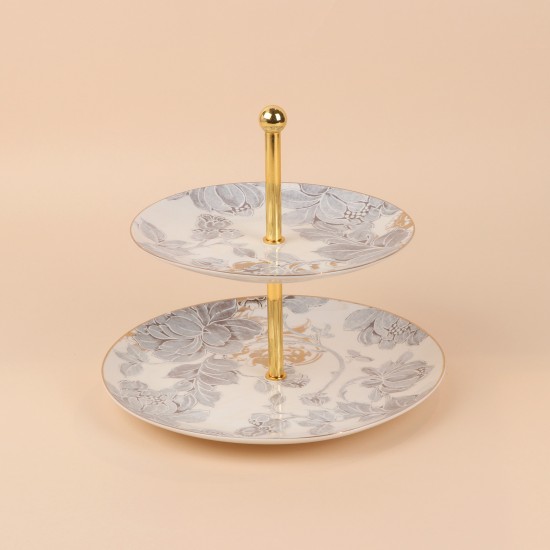 Two-tier dessert serving stand with decorative designs and a silver finish, measuring 10 x 8 inches.