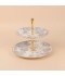 Two-tier dessert serving stand with decorative designs and a silver finish, measuring 10 x 8 inches.