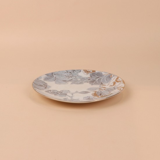 A ceramic serving dish with decorative designs and a silver finish, measuring 20.8 cm x 2.1 cm.