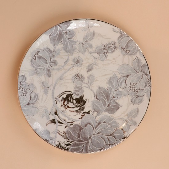 Ceramic serving dish with decorative designs and a silver finish, measuring 31 cm x 3 cm