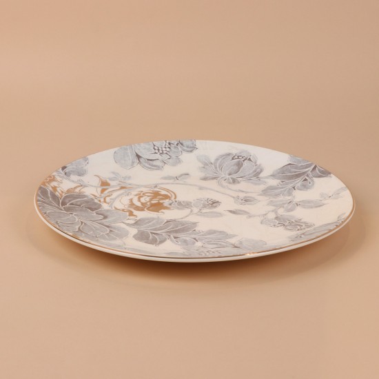 Ceramic serving dish with decorative designs and a silver finish, measuring 31 cm x 3 cm