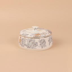 Ceramic date bowl with decorative designs and a silver finish, measuring 14cm x 7.8cm