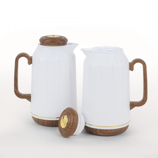 White Thermos Set with Wooden Handle - 1 Liter + 1 Liter - 2G1B200033