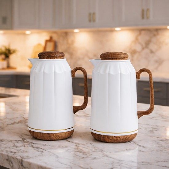 White Thermos Set with Wooden Handle - 1 Liter + 1 Liter - 2G1B200033