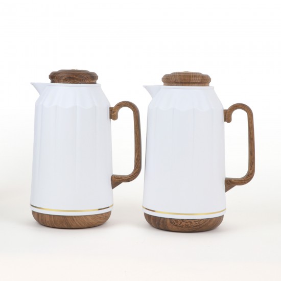 White Thermos Set with Wooden Handle - 1 Liter + 1 Liter - 2G1B200033