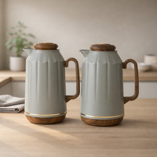 Gray Thermos Set with Wooden Handle - 1 Liter + 1 Liter - 2G1B200034