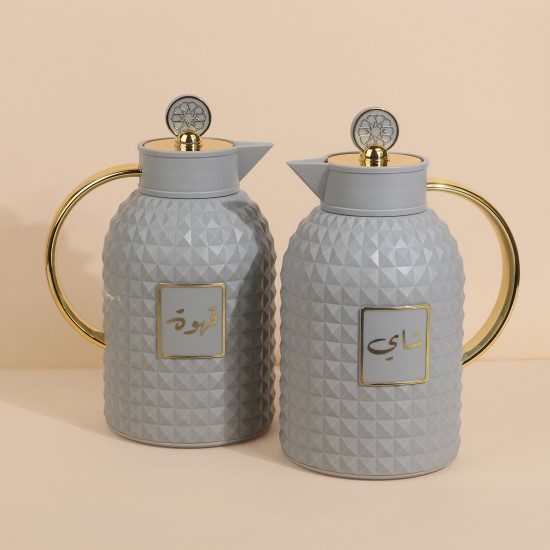 طقم ترامس بتصميم مميز - رمادي - 1 لتر + 1 لتر - ضغاط - 2GBB200093