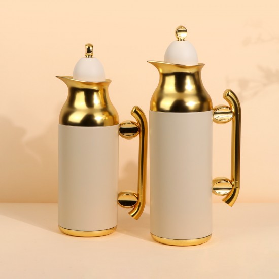 طقم ترامس قهوة وشاي بتصميم مميز - بيج - سعة 1 لتر + 0.7 لتر -ضغاط - 2G1BB200162