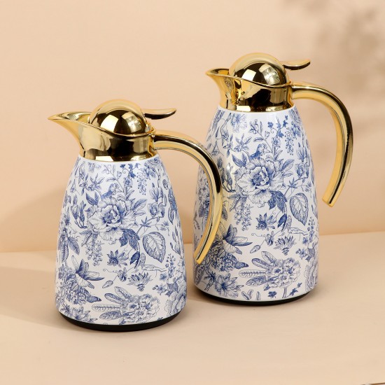 Thermos set with blue pattern and gold handle - 1 liter + 0.6 liter capacity - 2GG1-B02-028