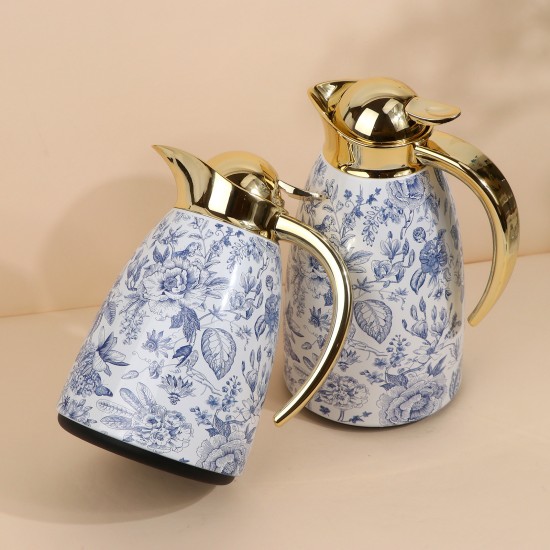 Thermos set with blue pattern and gold handle - 1 liter + 0.6 liter capacity - 2GG1-B02-028