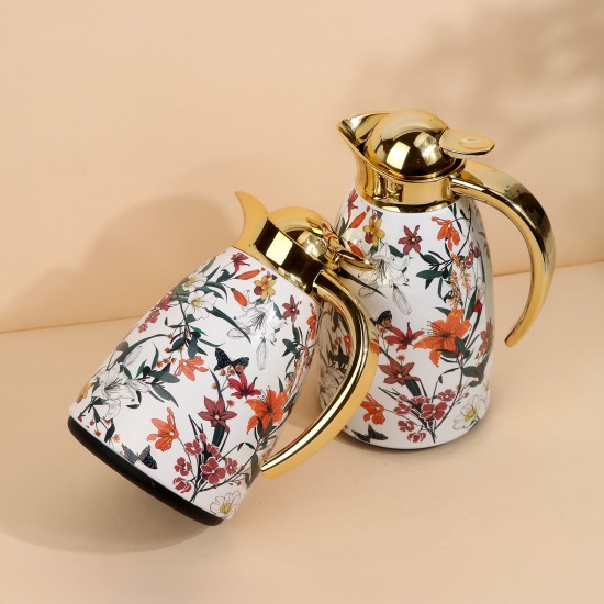 Floral pattern thermos set with gold handle - 1 liter + 0.6 liter capacity - 2GG1-B02-029