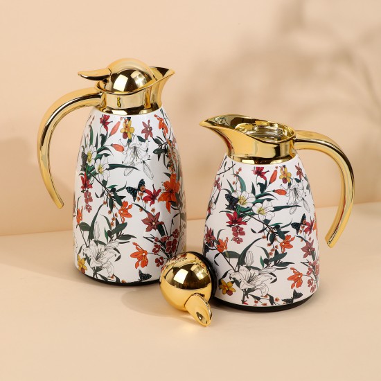 Floral pattern thermos set with gold handle - 1 liter + 0.6 liter capacity - 2GG1-B02-029