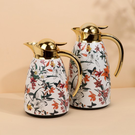 Floral pattern thermos set with gold handle - 1 liter + 0.6 liter capacity - 2GG1-B02-029