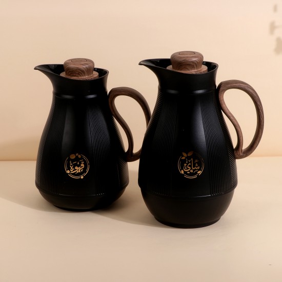 Thermos set with the phrase "Coffee and Tea" and wooden handle - 1 liter + 0.5 liter capacity - 2S1BB200033