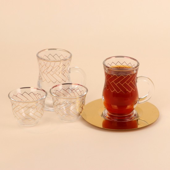 طقم ضيافة شاي و قهوة زجاج مع صحون ذهبية أستيل – 18 قطعة