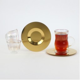 Glass tea and coffee serving set with gold stainless steel saucers – 18 pieces