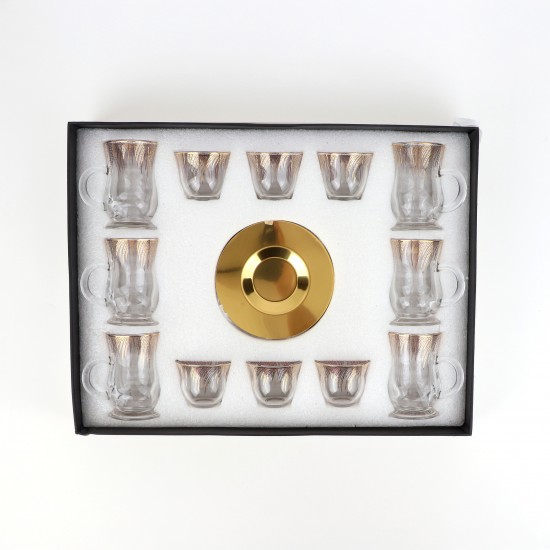 Glass tea and coffee serving set with gold stainless steel saucers – 18 pieces