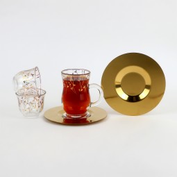 Glass tea and coffee serving set with gold stainless steel saucers – 18 pieces