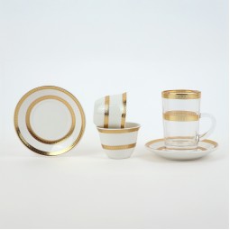 Tea and coffee serving set – clear glass and porcelain with a gold touch – 36 pieces
