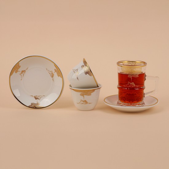 Tea and coffee serving set – clear glass and porcelain with a gold touch – 36 pieces Tea and coffee serving set – clear glass and porcelain with a gold touch – 36 pieces