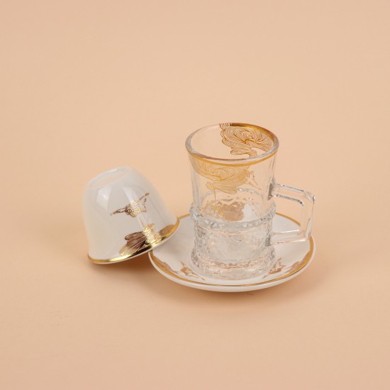 Tea and coffee serving set – clear glass and porcelain with a gold touch – 36 pieces Tea and coffee serving set – clear glass and porcelain with a gold touch – 36 pieces