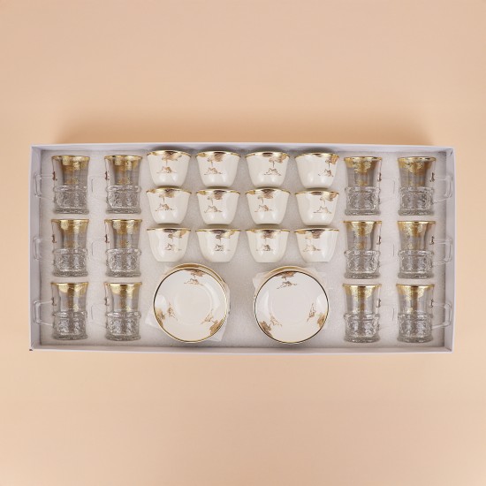 Tea and coffee serving set – clear glass and porcelain with a gold touch – 36 pieces Tea and coffee serving set – clear glass and porcelain with a gold touch – 36 pieces