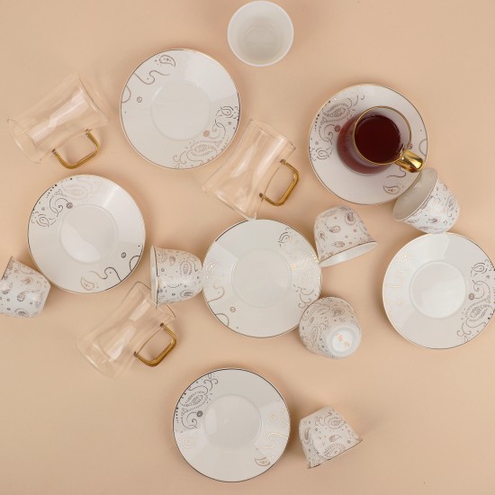 Luxury coffee and tea cup set with modern designs and gold rims - 18 pieces