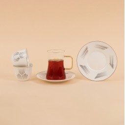 Tea and coffee serving set – clear glass and porcelain with a gold touch – 36 pieces