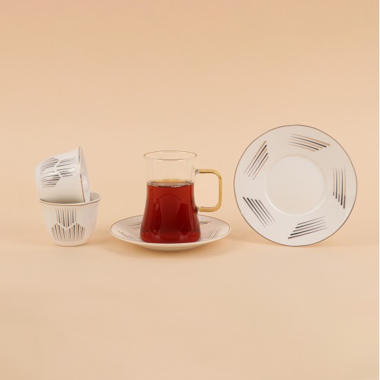 Tea and coffee serving set – clear glass and porcelain with a gold touch – 36 pieces Tea and coffee serving set – clear glass and porcelain with a gold touch – 36 pieces