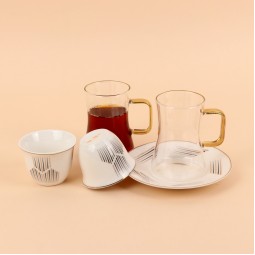 Tea and coffee serving set – clear glass and porcelain with a gold touch – 36 pieces Tea and coffee serving set – clear glass and porcelain with a gold touch – 36 pieces