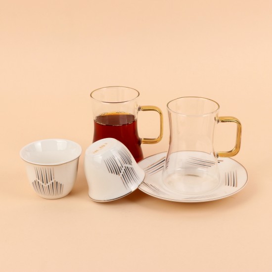 Tea and coffee serving set – clear glass and porcelain with a gold touch – 36 pieces Tea and coffee serving set – clear glass and porcelain with a gold touch – 36 pieces