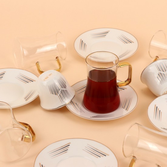 Tea and coffee serving set – clear glass and porcelain with a gold touch – 36 pieces Tea and coffee serving set – clear glass and porcelain with a gold touch – 36 pieces