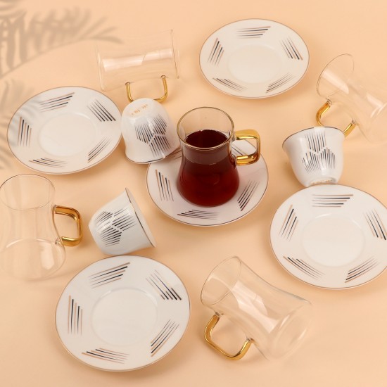 Tea and coffee serving set – clear glass and porcelain with a gold touch – 36 pieces Tea and coffee serving set – clear glass and porcelain with a gold touch – 36 pieces