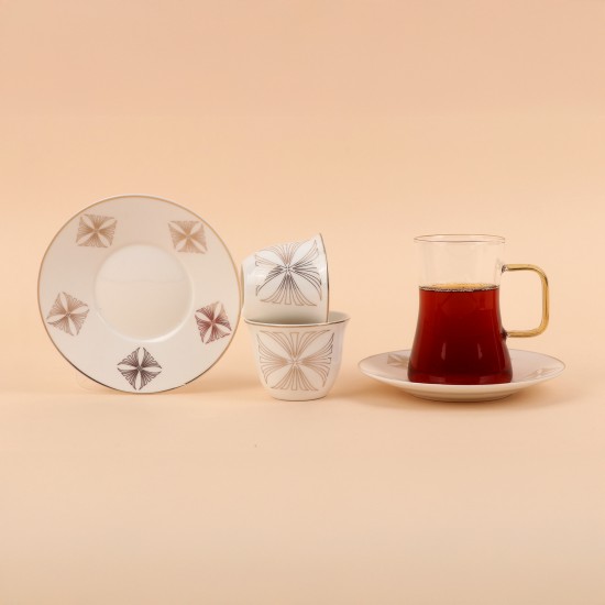 Tea and coffee serving set – clear glass and porcelain with a gold touch – 36 pieces