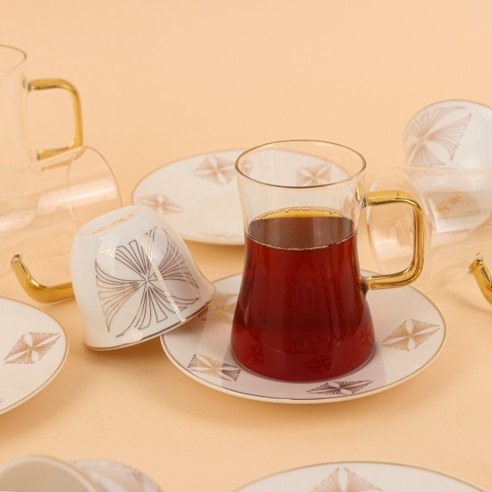 Tea and coffee serving set – clear glass and porcelain with a gold touch – 36 pieces
