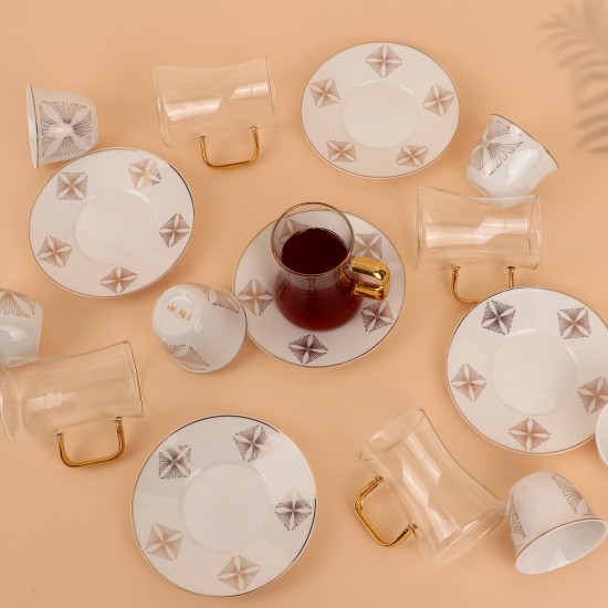 Tea and coffee serving set – clear glass and porcelain with a gold touch – 36 pieces