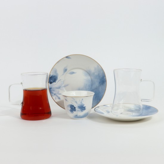 Luxury Blue Floral Pattern Porcelain and Glass Tea and Coffee Set with Gold Rim - 36 Pieces