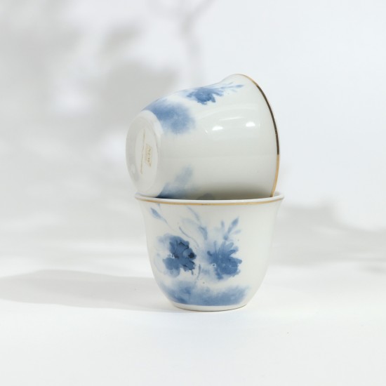 Luxury Blue Floral Pattern Porcelain and Glass Tea and Coffee Set with Gold Rim - 36 Pieces