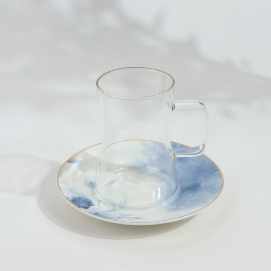 Luxury Blue Floral Pattern Porcelain and Glass Tea and Coffee Set with Gold Rim - 36 Pieces