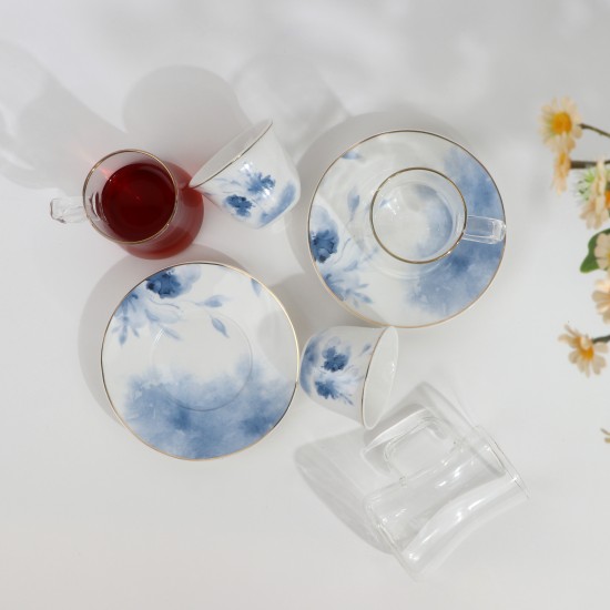 Luxury Blue Floral Pattern Porcelain and Glass Tea and Coffee Set with Gold Rim - 36 Pieces