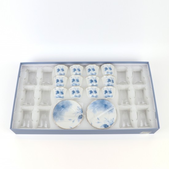 Luxury Blue Floral Pattern Porcelain and Glass Tea and Coffee Set with Gold Rim - 36 Pieces
