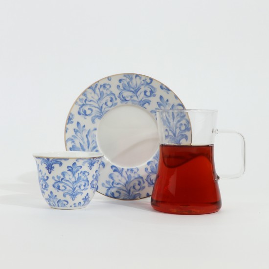 Luxury Blue Floral Pattern Porcelain and Glass Tea and Coffee Set with Gold Rim - 36 Pieces