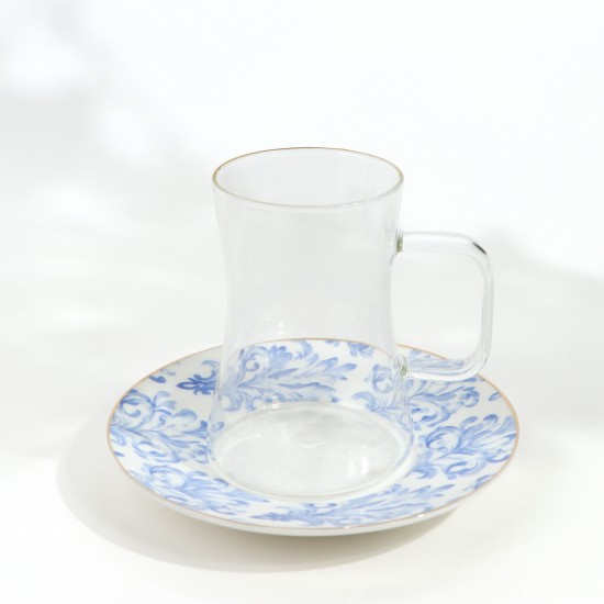 Luxury Blue Floral Pattern Porcelain and Glass Tea and Coffee Set with Gold Rim - 36 Pieces