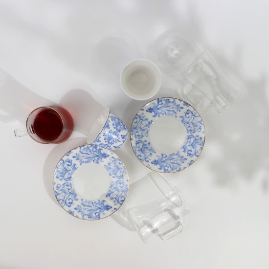 Luxury Blue Floral Pattern Porcelain and Glass Tea and Coffee Set with Gold Rim - 36 Pieces