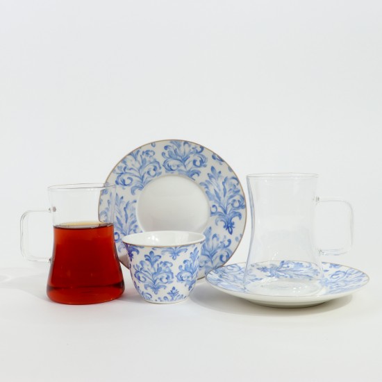 Luxury Blue Floral Pattern Porcelain and Glass Tea and Coffee Set with Gold Rim - 36 Pieces
