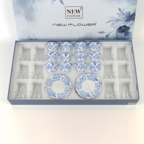 Luxury Blue Floral Pattern Porcelain and Glass Tea and Coffee Set with Gold Rim - 36 Pieces